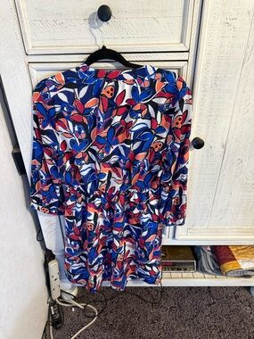 J. Crew Multicolor Floral Print Long Sleeve Dress — Blue, Red, White